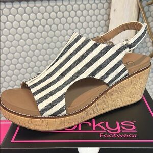 Corkys Black and Natural Stripe Wedge Sandals- NWT
